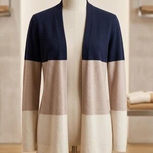 Cashmere Colorblock Open Front Cardigan Quiet Luxury Old Money XS Navy Tan NWT